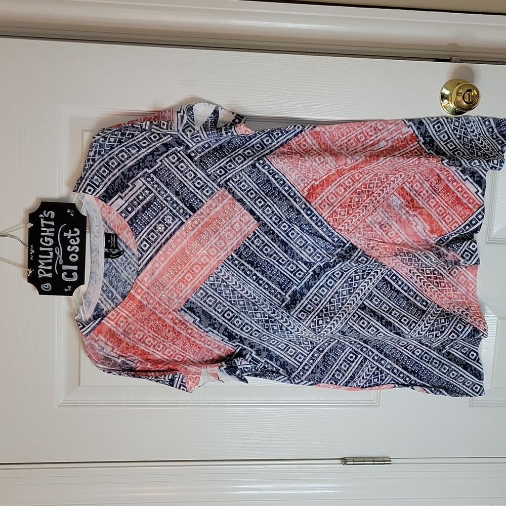 New Directions Tunic Top 1X Short Sleeve Blue White Pink Embellished